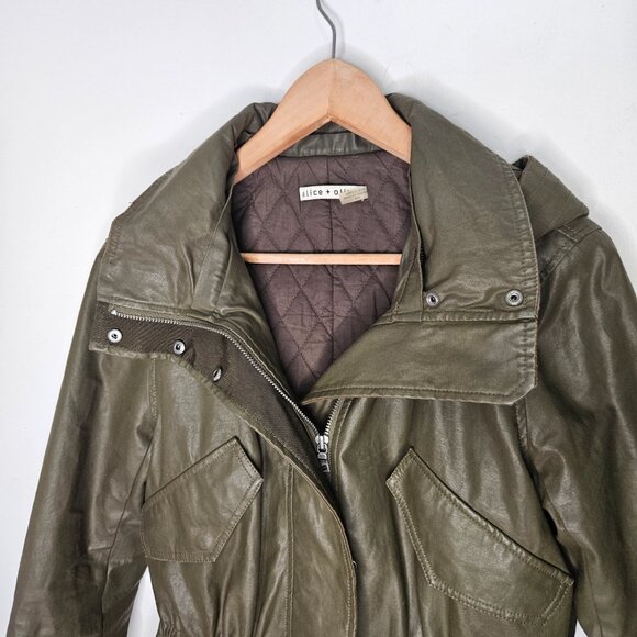 Alice + Olivia Coated Long Parka Coat Hood Sz M Green Cabincore Fisherman - Picture 3 of 14